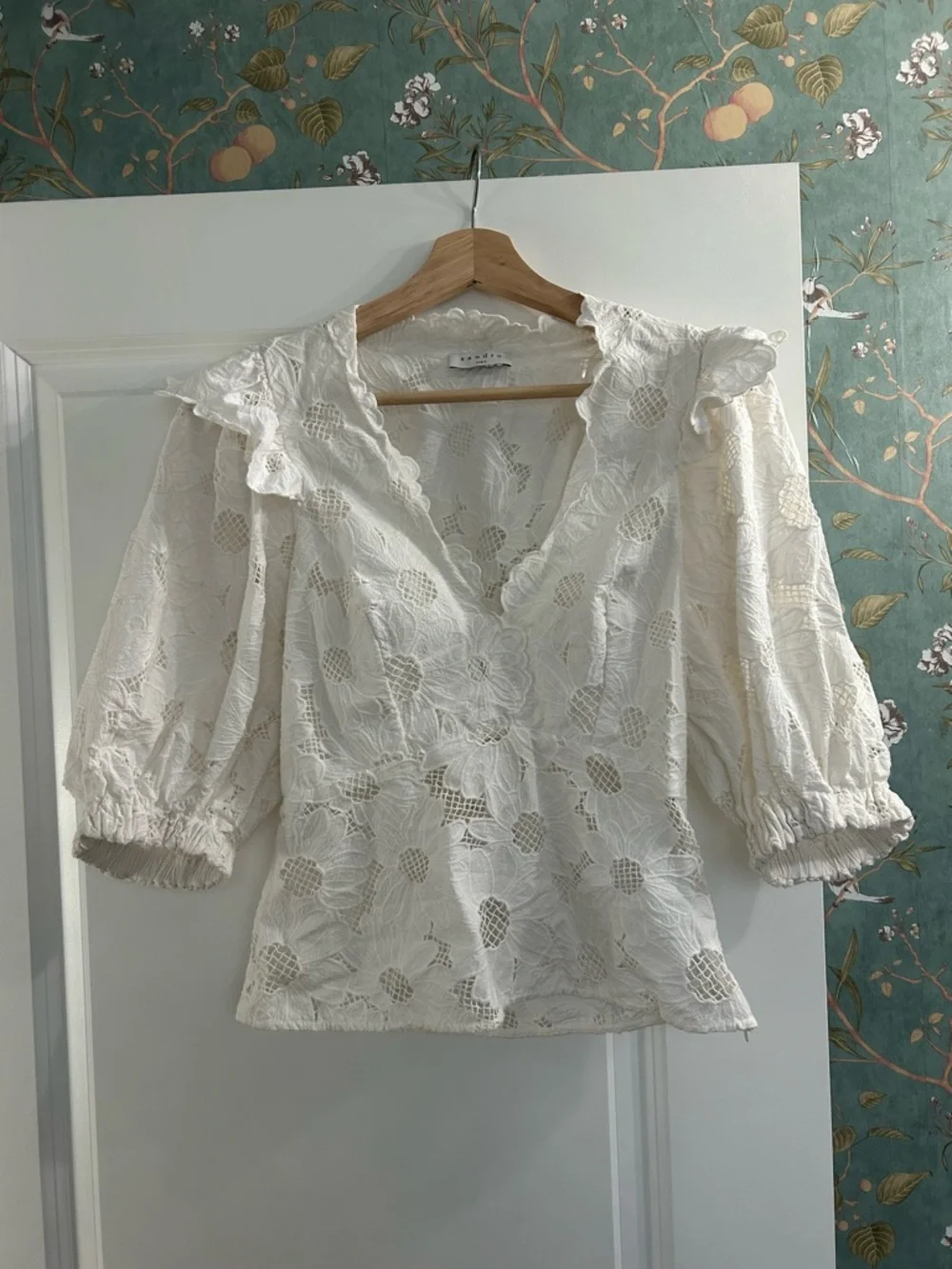 Sandro Azalee Lace Eyelet Ruffle V-Neck Blouse - Picture 3 of 8